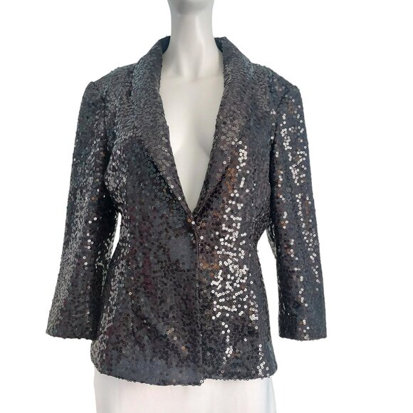Black Sequins Blazer Jacket Women 10 Glam Evening 3/4 Sleeve Holiday Performance - Picture 6 of 14